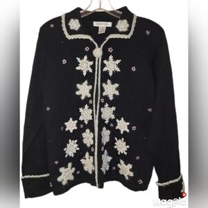 Arriviste Sz Med Vintage Snowflake Zip Cardigan Sweater Beaded Embroidered Black